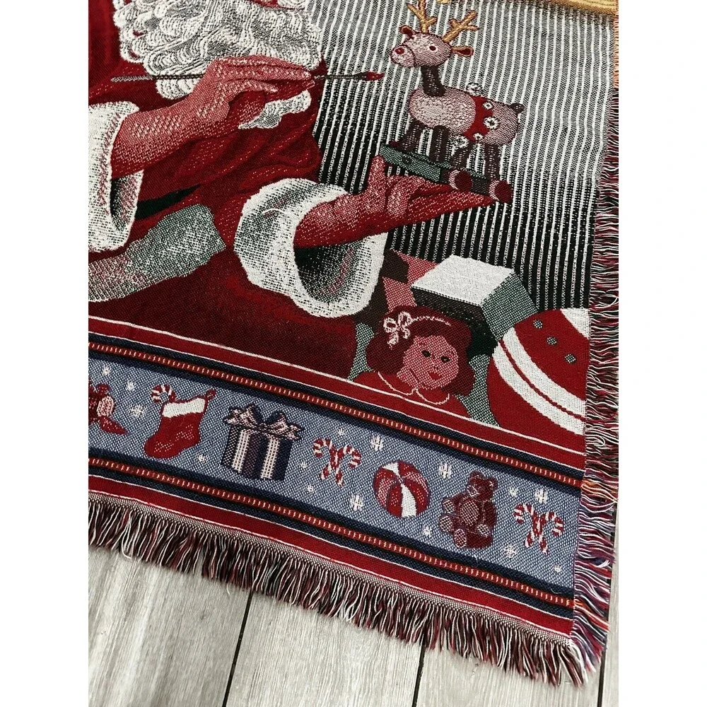 Vintage Santa Claus Christmas Tapestry Throw Blanket Santas Workshop Decor 51x58